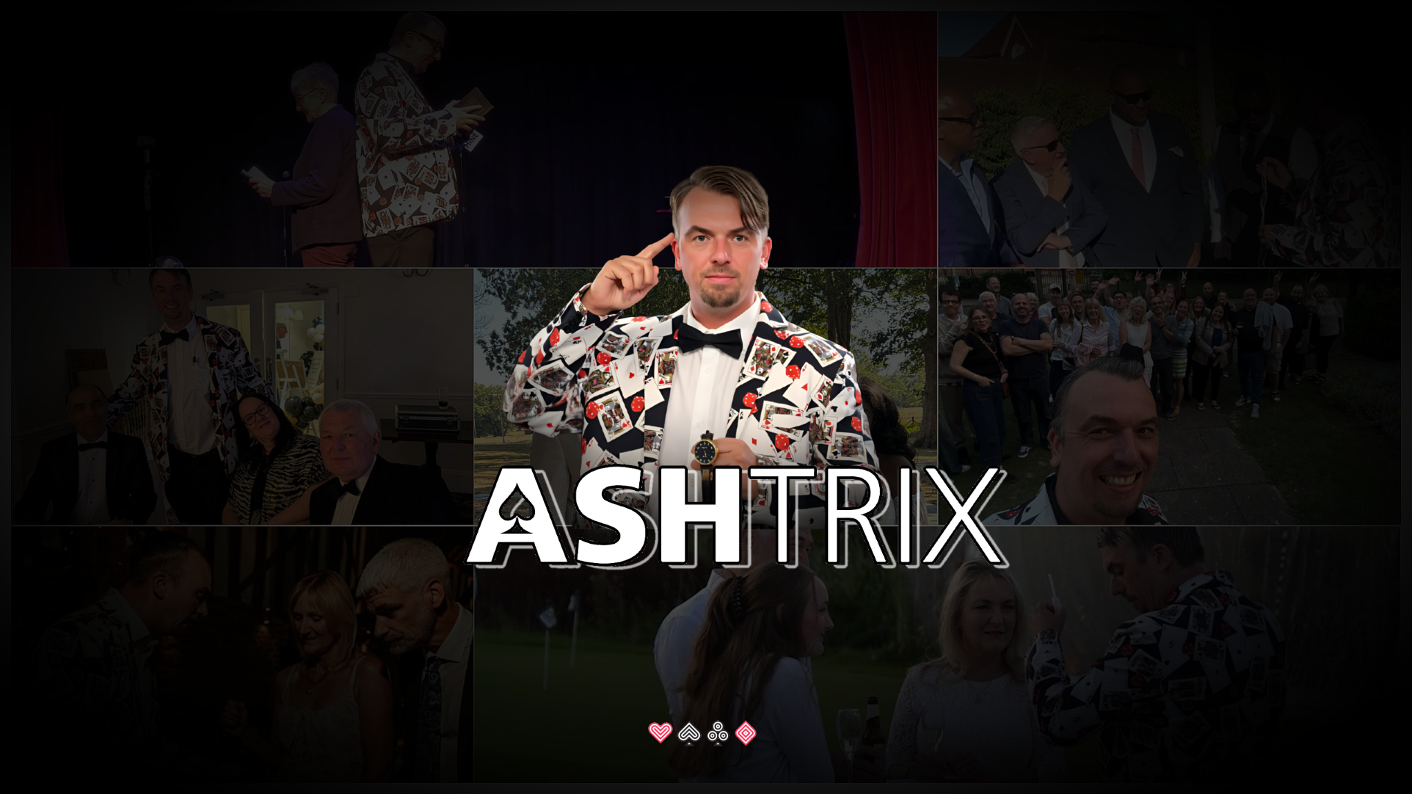 Ash Trix in front of a collage of his magic performances, with the Ash Trix logo